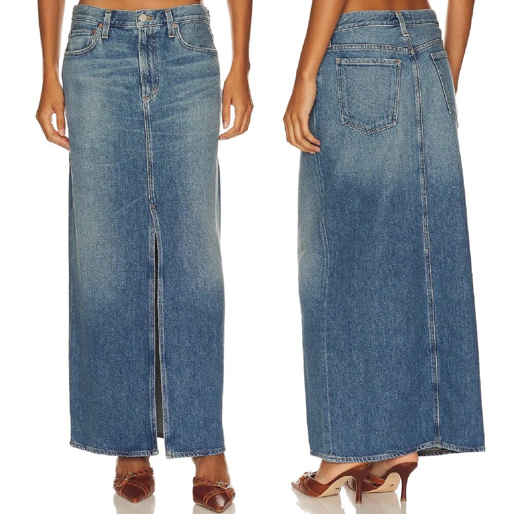 AGOLDE Leif Low Slung Denim Maxi Skirt Swing Medium Wash Size 24 Y2K 90s